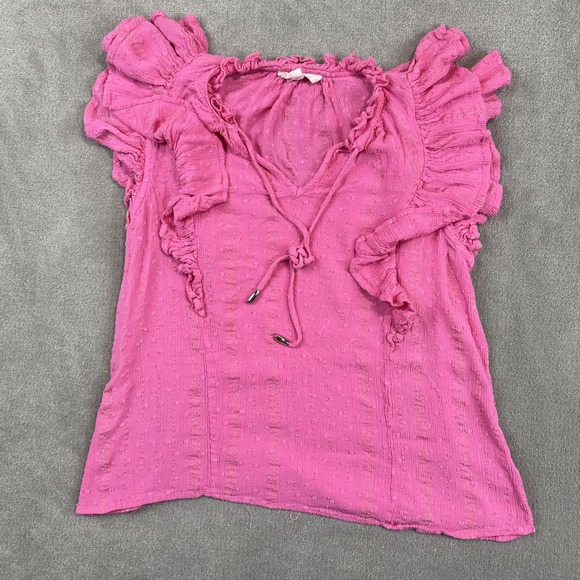 Entro Size S Pink Ruffle Cap Sleeve Boho Swiss Dot Metallic Blouse T16183 — photo 2